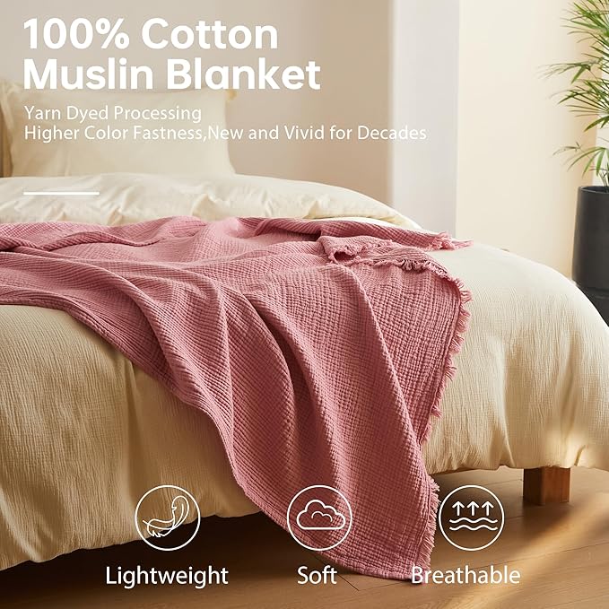 Simple&Opulence Cotton Muslin Throw Blanket 4 Layers for Bed, Couch, Woven Gauze Blanket with Tassels, Soft Lightweight Cozy Pre-Washed Breathable Farmhouse Decoration for All-Season(Dusty Pink)
