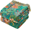Boho Throw Blanket - 50"x60" 100% Cotton Ultra Soft Lightweight Spring Blanket, 4-Layer Breathable Muslin Blankets for Bed Couch, Reversible Green Floral Printed Bohemian Cotton Quilt