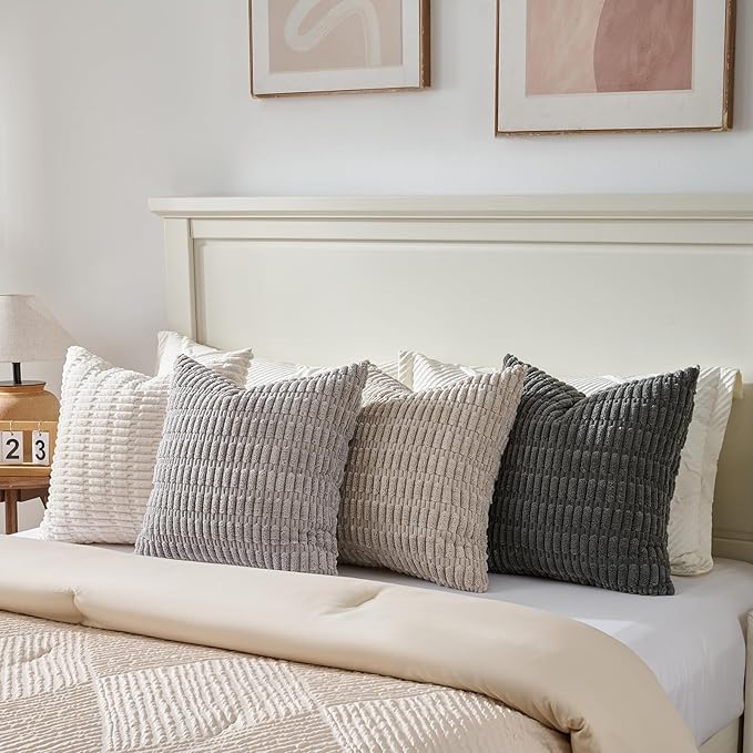 Fancy Homi Set of 4 Grey and White Decorative Throw Pillow Covers 18x18 Inch for Couch Bed Chair, Modern Farmhouse Boho Room Decor, Soft Fuzzy Double Sided Corduroy Textured Striped Cushion Case 45cm