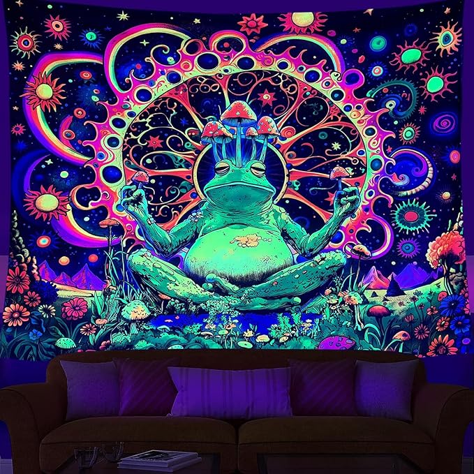 ARTCREATOR Blacklight Frog Mushroom Tapestry, Whimsical Hippie Wall Decor UV Reactive Tapestries Vintage Meditating Frog Tapestries for Living Room Bedroom (59" x 78")