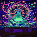 ARTCREATOR Blacklight Frog Mushroom Tapestry, Whimsical Hippie Wall Decor UV Reactive Tapestries Vintage Meditating Frog Tapestries for Living Room Bedroom (51" x 59")