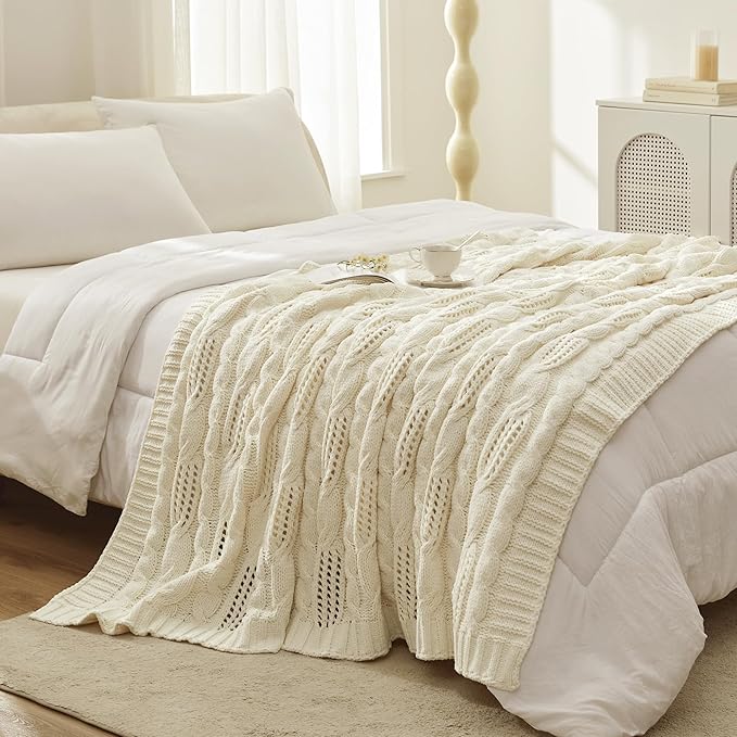 Amélie Home Chunky Knit Throw Blanket, Dual-Sided Soft Chenille Breathable Cable Knitted Blanket for Couch, Farmhouse Decorative Throw for Sofa & Chair, 60"x80", Ivory