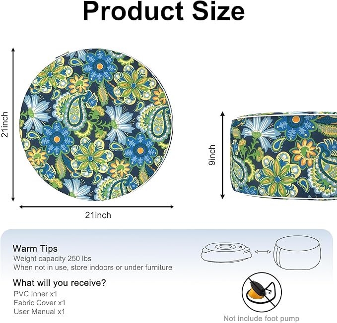 Inflatable Ottoman Stool D21 xH9 for Outdoor/Indoor Use, Water Repellent Patio Foot Rest with Portable Handle,Round Pouf Ottoman Suitable for Garden,Deck and Camping-Flower Child