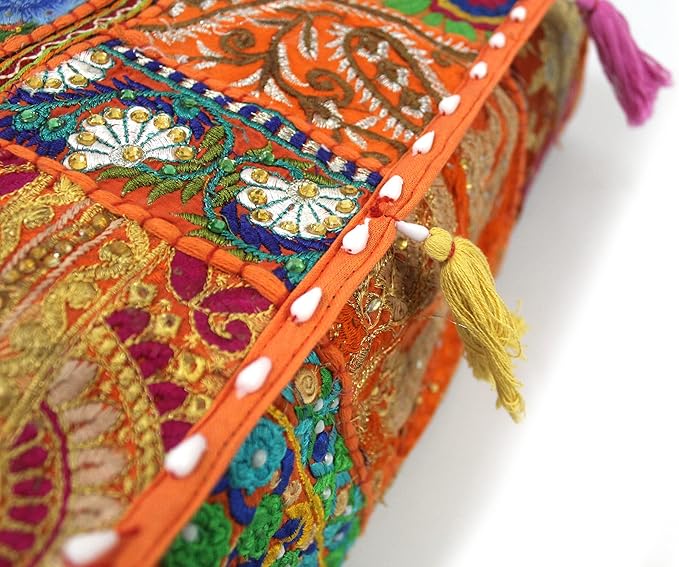Mam Treasures Indian Bohemian Decorative Pillow Vintage Cushion Cover Patchwork Square Floor Pillow Cover Meditation Cushion Large Floor Pillow Indian Cushion (Orange, 16 X 16 X 5 Inch)