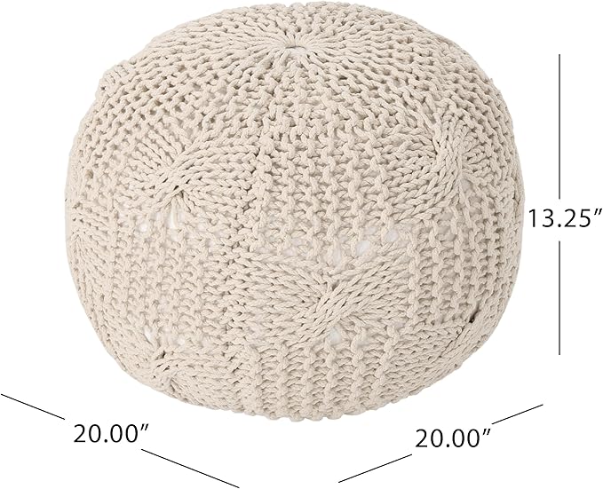 Round Pouf Ottoman, 18" Bordeaux Knitted Cotton Woven Round Pouf, Handmade Woven Bean Bag for Living Room, Floor Bag for Bedrooms, Home, Offices, Sofa Footrest (Beige - 2)