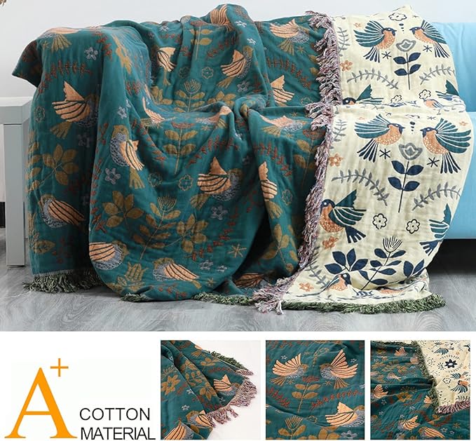 King Size Throw Blanket for End of Bed 100% Cotton Woven Bed Throws for All Season Lightweight and Soft Cozy Farmhouse Reversible Muslin Decorative Blanket for Travel Picnic, Teal/Cream, 91''x98''