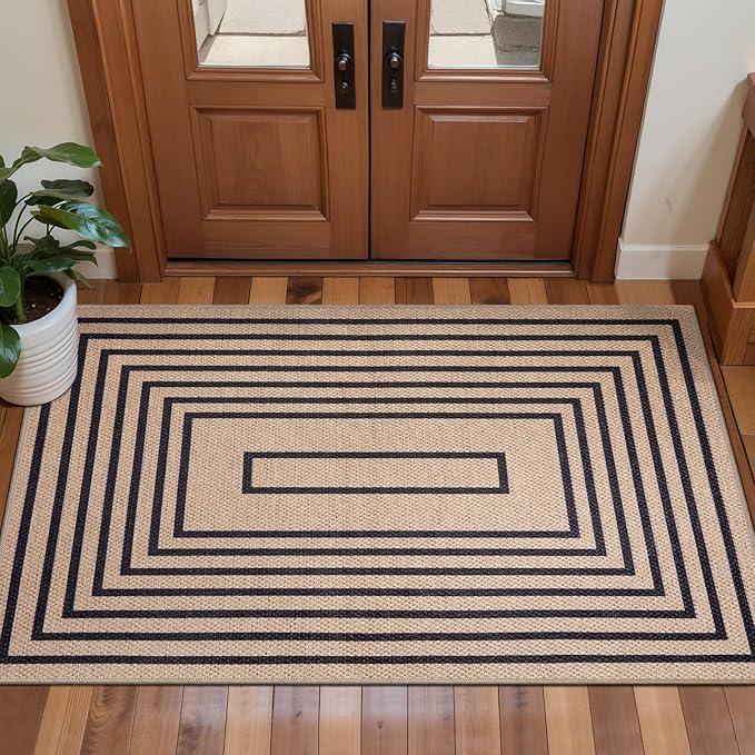 Tangsoo Easy Jute Rug 2x4 Small Throw Rugs for Entryway,Washable Thin Outdoor Door Mat,Black Geometric Non-Slip Indoor Floor Carpet for Entrance Kitchen Hallway Bedroom Front Porch