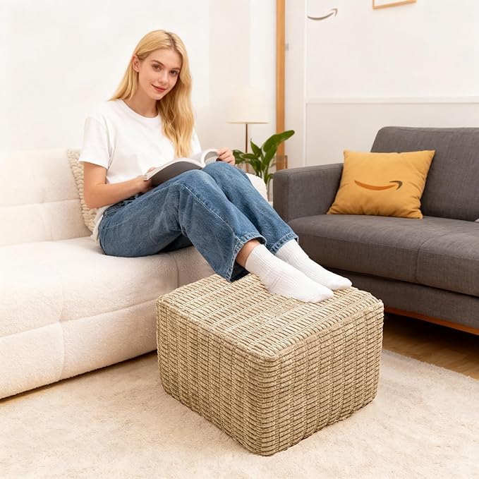 Asuprui Round Square Pouf Ottoman Foot Rest – Lightweight Modern Footstool with Plush Foam Filling, Perfect for Living Room Decor & Cozy Comfort – 20x20x14 Inch Chic Accent Piece (Light Coffee)
