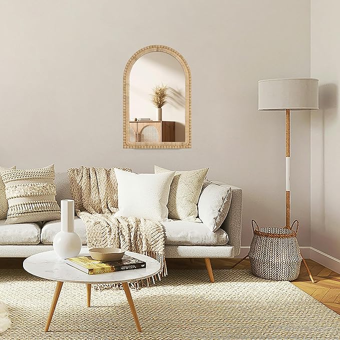 Arched Rattan Wall Mirror – 24x36 Inch Boho Elegance with Woven Frame and Wooden Bead Trim, Decorative Mirror for Bathroom Vanity Entryway Living Room