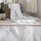 FOSSA Muslin Blanket with Fringe - 4-Layer 100% Cotton Gauze Super Soft & Breathable Throw -Lightweight Decorative Cooling Blanket for Bed, Sofa, Office -Oversize Queen Size 98" x 98" (Bright White)