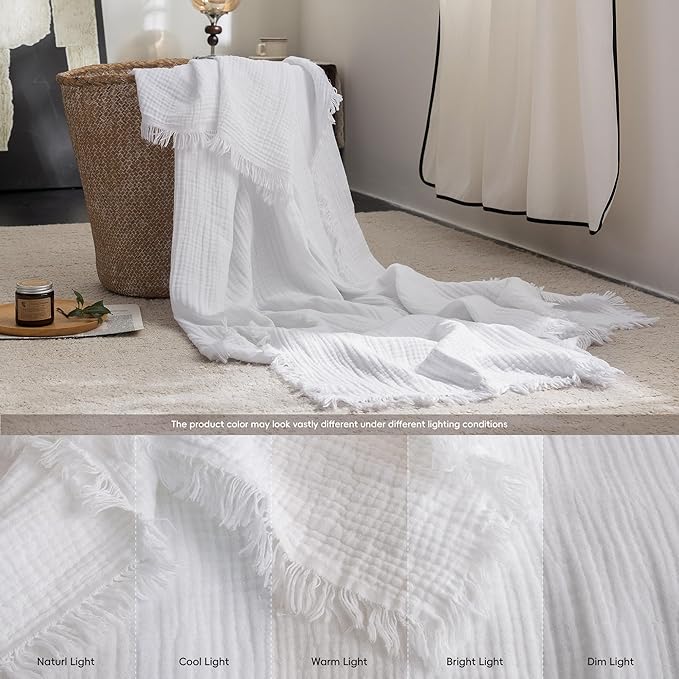 FOSSA Muslin Blanket with Fringe - 4-Layer 100% Cotton Gauze Super Soft & Breathable Throw -Lightweight Decorative Cooling Blanket for Bed, Sofa, Office (Bright White, Queen (90" × 90"))