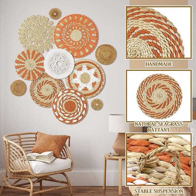 Tatuo 11 Pcs Boho Wall Basket Decor Decorative Bulrush Woven Basket Wall Decor Art Round Farmhouse Hanging Baskets for Kitchen Rustic Home Summer Decorations, Multi Sizes(Delicate)