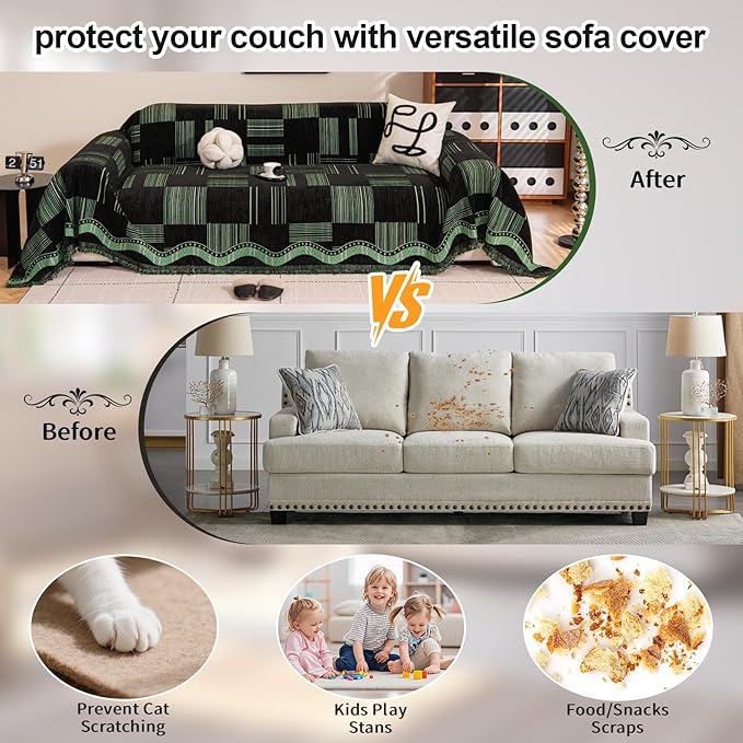 ROOMLIFE Ink Green Sofa Cover, Vintage Boho Couch Cover for 3 Cushion Sofa, Non Slip Chenille Sofa Slipcovers for Dog, Washable Furniture Sofa Protector Cover with Tassel for Living Room, 71''X150”