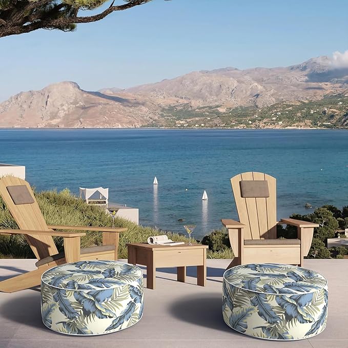 Inflatable Ottoman Stool D21 xH9 for Outdoor/Indoor Use, Water Repellent Patio Foot Rest with Portable Handle,Round Pouf Ottoman Suitable for Garden,Deck and Camping-Lush Palm Blue