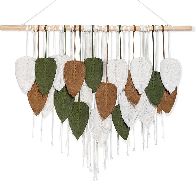 NYEONHRT Large Macrame Wall Hanging Handmade Boho Leaf and Feather Tapestry for Modern Home Decor Perfect Wall Art for Living Room Bedroom Nursery Apartment Backdrop 39x31 Inch (Brown green)