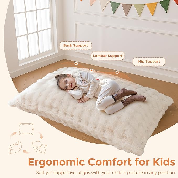 MAXYOYO 3 in 1 Kids Bean Bag Chair Bed, Child Floor Sofa for Gaming, Reading, Convertible Bean Bag Floor Cushion with Machine Washable Cover for Living Room Bedroom, Beige