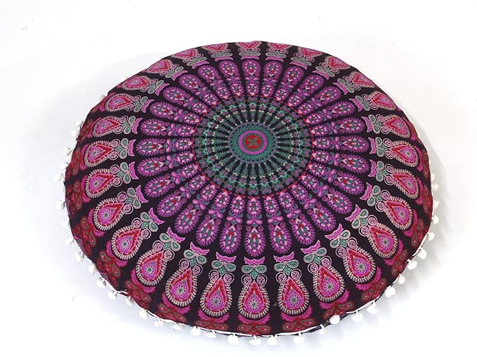 CRAFT KALA Mandala Floor Pillow Cushion Cover Seating Throw Cover Hippie Decorative Bohemian Ottoman Poufs Pom Pom Pillow Cases Boho Indian Cotton Living Room Yoga Home Décor (24" Round, Pink Mirchi)