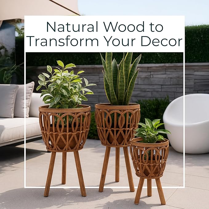 Set of 3 Woven Decorative Planter Pot with Stand – Wooden Bamboo & Plywood Outdoor & Indoor Plant Pot – Boho Garden & Home Decor Planters – 20", 23", & 26", Brown
