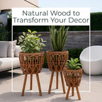 Set of 3 Woven Decorative Planter Pot with Stand – Wooden Bamboo & Plywood Outdoor & Indoor Plant Pot – Boho Garden & Home Decor Planters – 20", 23", & 26", Brown
