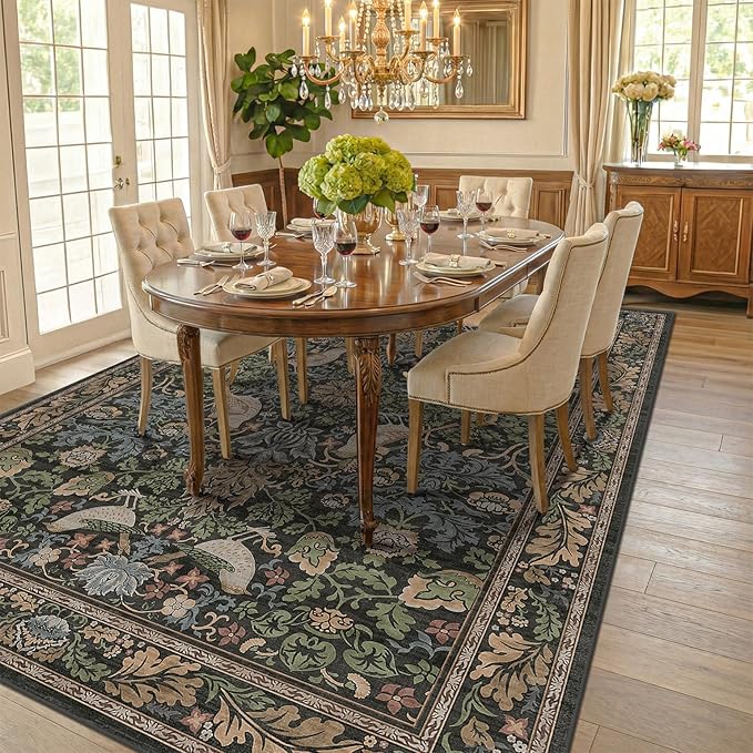Washable Living Room Rug 7x9 - Dark Floral Nature Rugs for Bedroom, Dining Room Kitchen Table Rug for Under Table, Office, Stain Resistant Non-Slip Large - Brown/Dark Green