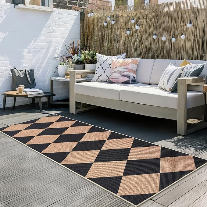 GarveeHome Checkered Easy Jute Runner Rug 2x6 Non-Slip Machine Washable Stain Resistant Indoor Outdoor Rugs for Living Room, Bedroom, Kitchen, Dining, Patio - Farmhouse Style Black Tan