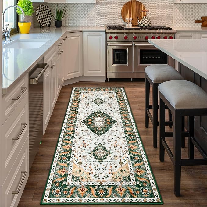 Amearea Vintage Design Runner Rugs for Living Room, 2x6 Machine Washable Floral Collection Traditional Bedroom Rug, Low Pile Cute Kids Room Print Carpet, No Slip Office Kitchen Home Decor, Green
