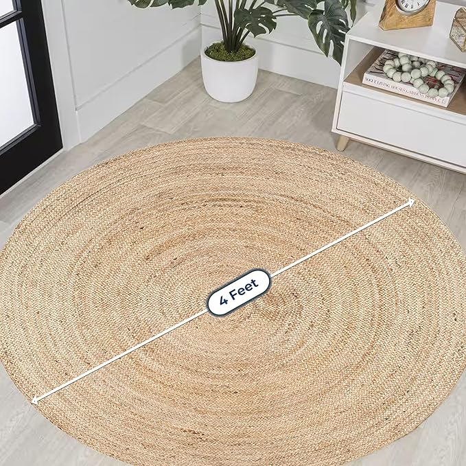 Premium Round Jute Rug 4ft - Handwoven 4 Foot Braided Ratan Rug for Living Room, Kitchen, Entryway & Bedroom | Natural Boho Decor