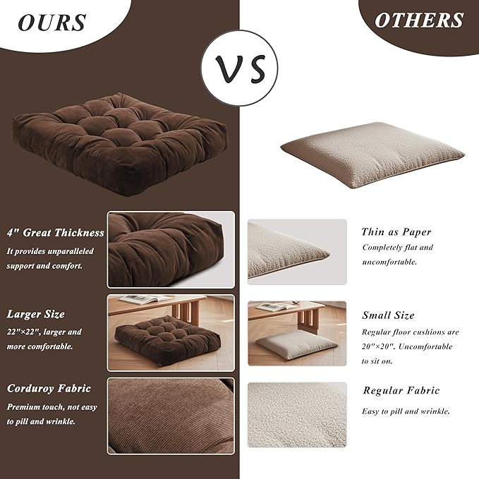 Meditation Floor Pillow 22×22 Inch 2 Pack Large Floor Cushions for Adults Square Tufted Corduroy Floor Pillows for Yoga Living Tatami Room Coffee