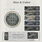 Dark Round Rugs 4ft for Entryway, Low Pile Thin Washable Small Circle Rug for Bedroom Living Room Non Slip, Tranditional Medallion Round Carpet for Kitchen Dining Room, Midnight/Multi
