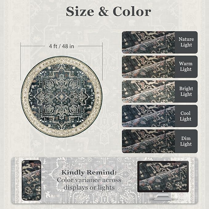 Dark Round Rugs 4ft for Entryway, Low Pile Thin Washable Small Circle Rug for Bedroom Living Room Non Slip, Tranditional Medallion Round Carpet for Kitchen Dining Room, Midnight/Multi