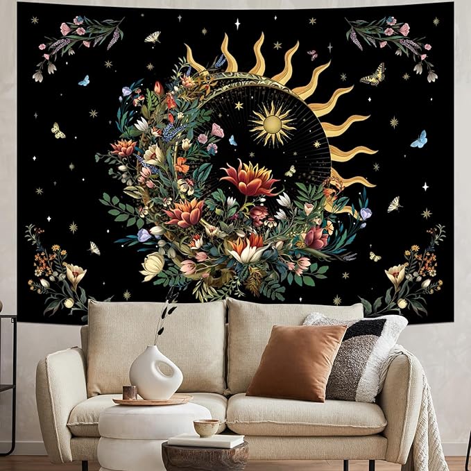 Racunbula Floral Plants Tapestry Sun and Moon Tapestry Retro Botanical Flowers Butterfly Tapestries Black Starry Sky Wall Art Vintage Boho Aesthetic Tapestries Wall Hanging for Bedroom