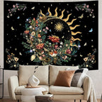Racunbula Floral Plants Tapestry Sun and Moon Tapestry Retro Botanical Flowers Butterfly Tapestries Black Starry Sky Wall Poster Vintage Boho Aesthetic Tapestries Wall Hanging for Bedroom