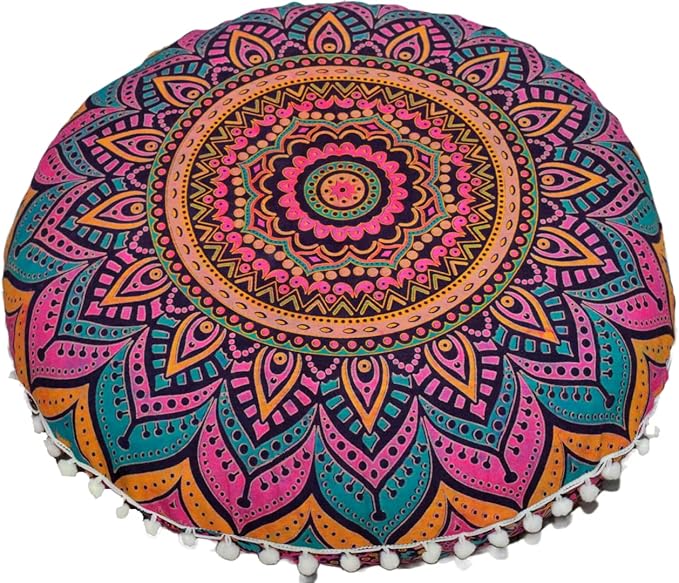 CRAFT KALA 32 Inch Meditation Floor Pillows Cover Round Pillow Seating Hippie Decorative Bohemian Mandala Floor Cushion Cover Outdoor Yoga Living Room Throw Ottoman Poufs Cover (32", New Pink Ombre)