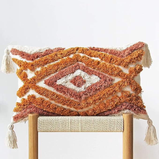 JOJUSIS Boho Lumbar Throw Pillow Covers with Handmade Tassels Decorative Woven Tufted Orange Lumbar Pillowcase for Couch Bedroom 12 x 20 Inch