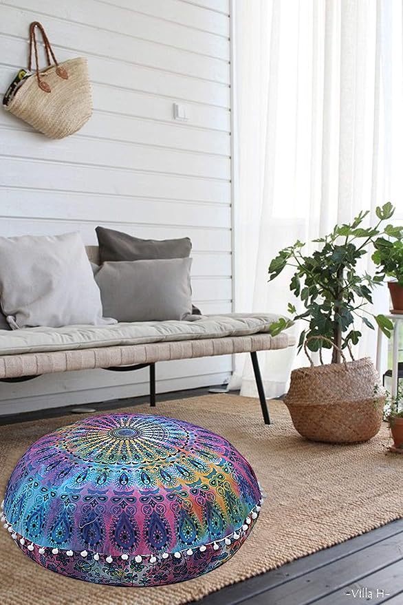 Mandala Floor Pillow Cushion Seating Throw Cover Hippie Decorative Bohemian Ottoman Poufs, Pom Pom Pillow Cases,Boho Indian (32 Inches, Multi Tie Dya)