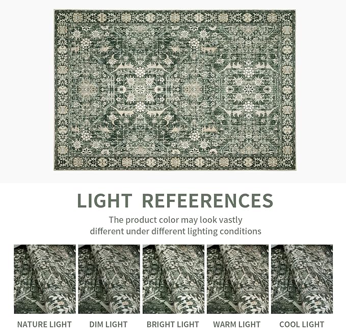 Area Rug 9×12 Washable Rugs for Bedroom, Vintage Floral Rug Soft Non Slip Stain Resistant Carpet for Living Room Dinning Room Kitchen Home Office Green Black