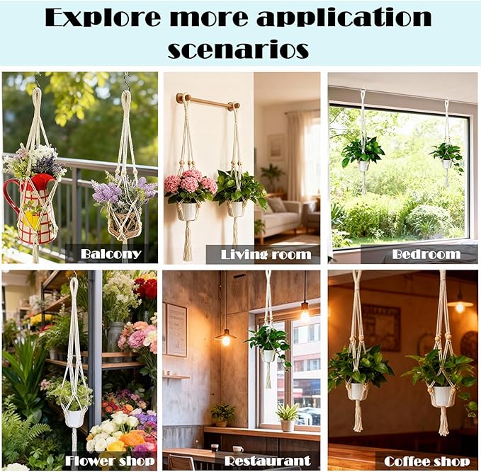 2-Pack Macrame Plant Hangers with Tassel, 35 Inch Boho Hanging Planters with 4 Hooks for Indoor, Handwoven Cotton Rope Holder for Home Decor (No Pot Included)
