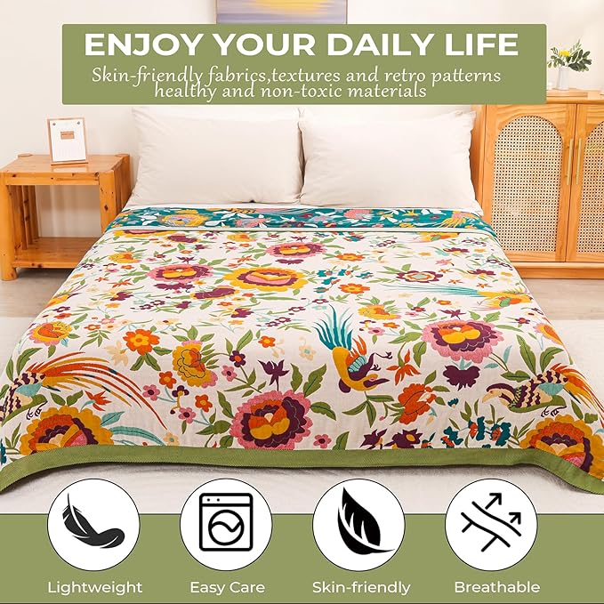 Boho Throw Blanket for Bed Couch 100% Cotton Ultra Soft Large Rustic Quilt t Queen Blanket,Bird Floral Printed Farmhouse Bed Blankets 80"×90", Decorative Reversible Muslin Bed Cover for All Seasons