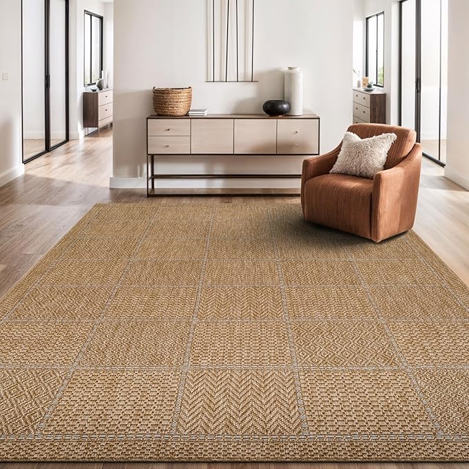 Beverly Rug Easy Jute Checkered Squared Rug 4x6 Washable Durable Indoor Outdoor Area Rugs for Living Dining Room Patio Office Stain Resistant Non Shedding Casual Indoor Outside Carpet 4 x 6 Natural