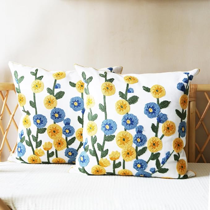 Embroidered Throw Pillow Cover, Linen Decorative Flowers Pillow Covers with Zipper for Couch Sofa Bed Living Bedroom, Pack of 2 Square Floral Pillowcase Covers with Patterned 18x18 Inch