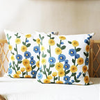 Embroidered Throw Pillow Cover, Linen Decorative Flowers Pillow Covers with Zipper for Couch Sofa Bed Living Bedroom, Pack of 2 Square Floral Pillowcase Covers with Patterned 18x18 Inch