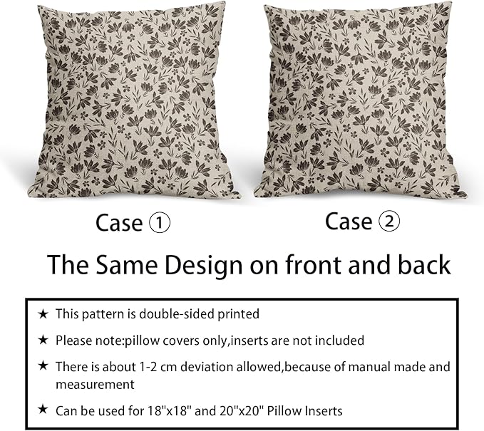 Dark Brown Floral Pillow Covers 16x16 Set of 2 Vintage Rustic Old Style Cute Small Flower Print Decorative Outdoor Pillowcases Farmhouse Throw Cushion Case Decor for Couch Sofa Bed