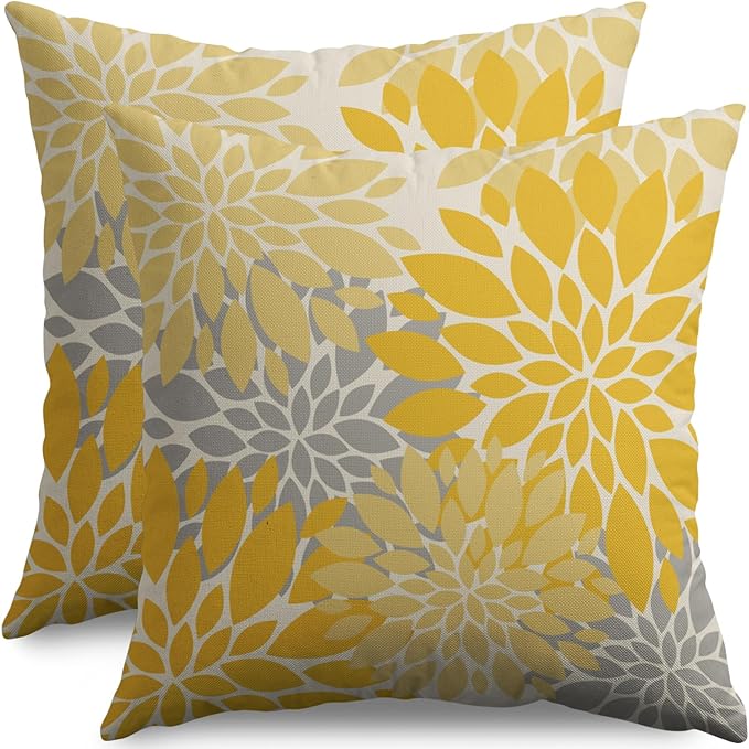 Yellow Grey Gray Pillow Covers 16X16 Inch Set of 2, Dahlia Flower Spring Summer Floral Cream Decorative Throw Pillow Covers Outdoor Modern Farmhouse Cushion Case for Home Couch Sofa Bed Decor