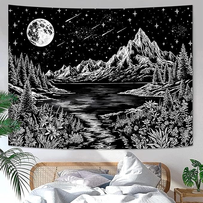 Zussun Black and White Mountain Forest Tapestry for Bedroom Aesthetic Dark Nature Lake Landscape Tapestries Wall Hanging Moon and Stars Wall Tapestry for Living Room Dorm 90 × 68 Inch