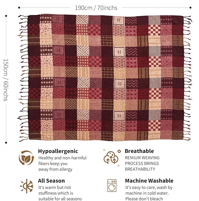 Boho Throw Blanket,Patchwork Large Blankets for Sofa Double Bed Armchair Couch,Weighted Soft Furniture Throws,Tassels Chenille Throws and Blankets for Bohemian Decor (60"*75")…