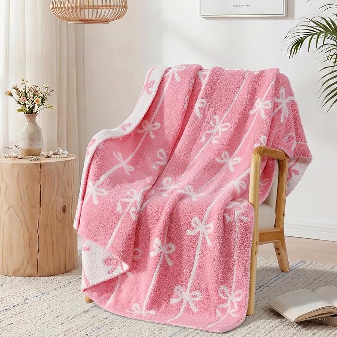WRENSONGE Throw Blanket Vertical Stripes Bowknot Pink Soft Cozy Fluffy Warm Throw for Couch Sofa Bed Camping Picnic Travel Lightweight - 50"*60"