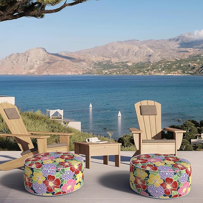 Inflatable Ottoman Stool D21 xH9 for Outdoor/Indoor Use, Water Repellent Patio Foot Rest with Portable Handle,Round Pouf Ottoman Suitable for Garden,Deck and Camping-Flower Bloom