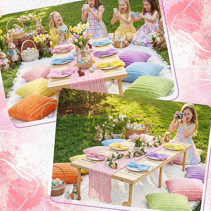 91 x 71 Extra Large Outdoor Boho Picnic Blanket with Pastel Table Runner, 6 Throw Pillow Covers 6 Napkins Woven Cotton Yarn Oversize Beach Blanket Washable Picnic Camp Wedding