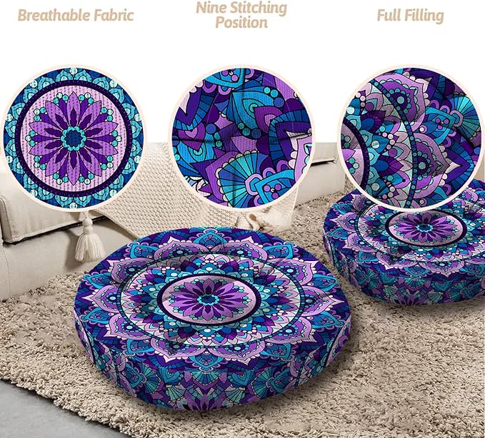Mandala Meditation Cushion, Boho Meditation Mat, Meditation Pillows for Sitting on Floor, Cushions for Sitting in Home and Outdoor, Round Floor Pillows Cushion Seating for Yoga Accessories 22'' X 22''