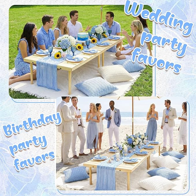91 x 71 Extra Large Outdoor Boho Picnic Blanket with Table Runner Light Blue, 6 Throw Pillow Covers 6 Napkins Woven Cotton Yarn Oversize Beach Blanket Washable Picnic Camp Wedding